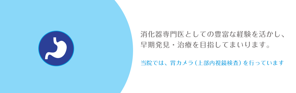 消化器専門医としての豊富な経験を活かし、 早期発見・治療を目指してまいります。 当院では、胃カメラ(上部内視鏡検査)、 大腸カメラ(下部内視鏡検査)を行っています